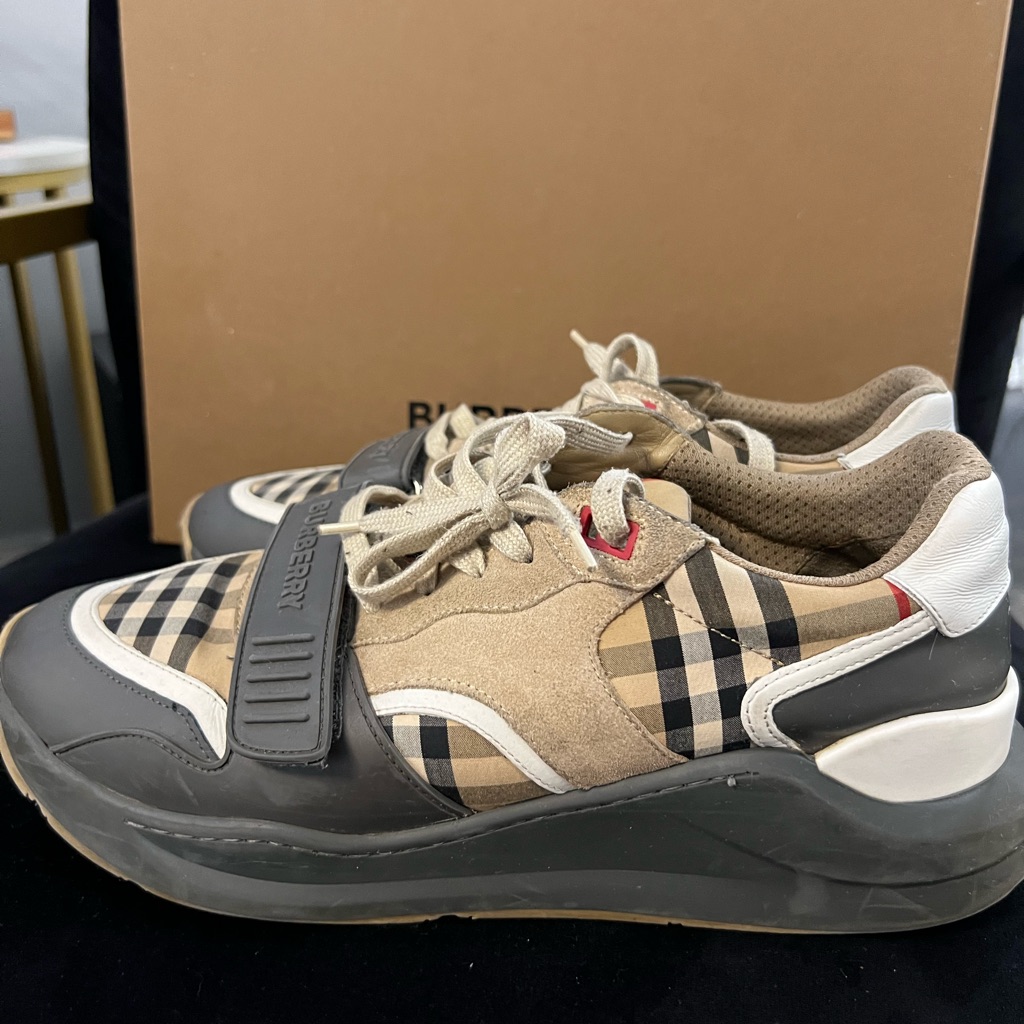 Burberry Ramsey Vintage Check Suede Leather Sneakers Grey Archive Beige